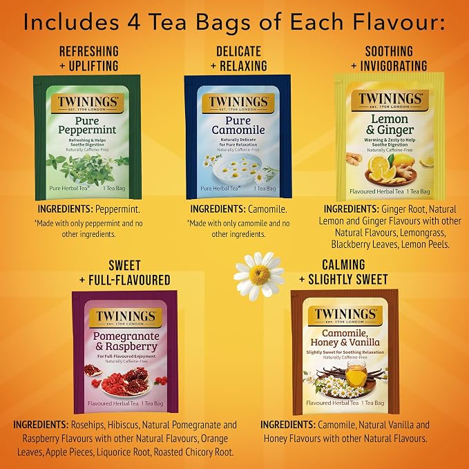 Twinings Herbal Tea Variety Pack, 20 Count (Pack of 1), Formerly Assorted Herbal, Includes 5 Flavours, Naturally Caffeine-Free, Enjoy Hot or Iced, 20 Teabags