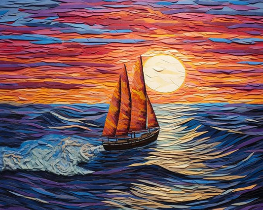 DIY Art Therapy Embroidery Kit,Pre-Printed Canvas 40x50cm,Relaxing Hand Stitch Project for Women,Beginners,Teens,Gift for Craft-Loving,Sunset Seascape,Sailing Boat