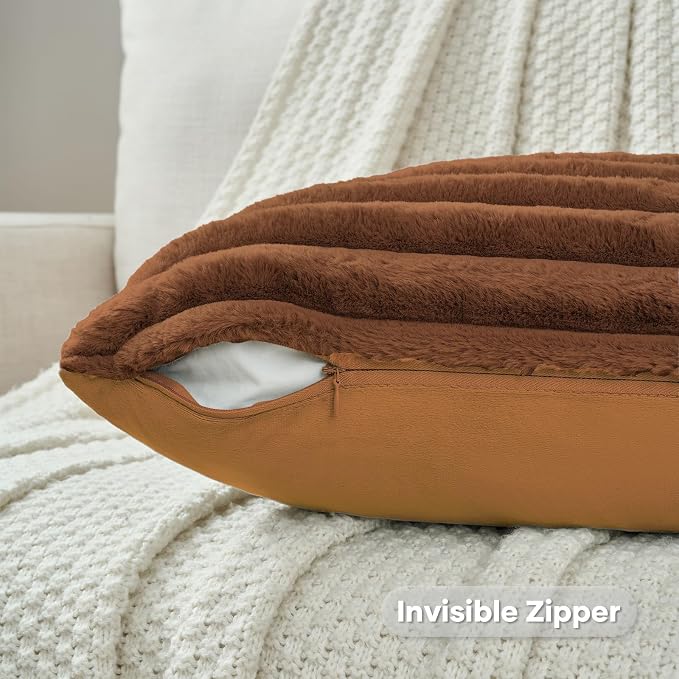 FUTEI Pack of 2 Faux Fur Throw Pillow Covers 12x20 Inch, Rust | Fluffy Faux Rabbit Fur Front/Premium Velvet Back,Hidden Zipper,Machine Washable,Non-Shedding,Colorfast,Insert Not Included.