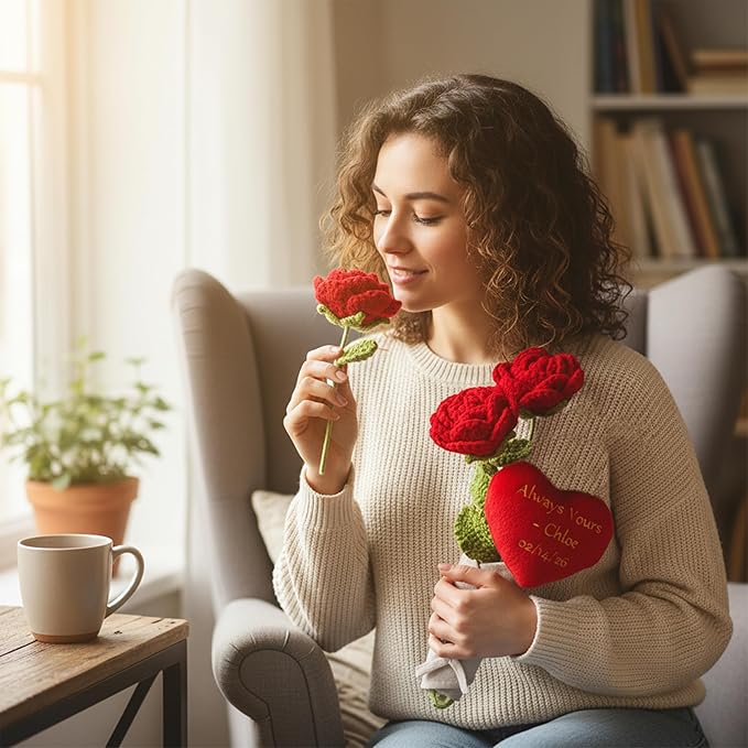 June Garden 17" Crochet Rose Flower Bouquet with Customizable Heart – 3 Soft Plush Rose with Bendable Stems – Personalized Embroidered Gift for Valentine’s Day, Anniversary or Home Décor