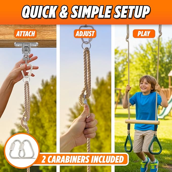 Wooden Trapeze Swing Bar for Kids - 18" Adjustable Height Monkey Bars Rings Swingset Accessories - Ninja Warrior Obstacle Course for Kids - Jungle Gym Accessories Playground Attachments