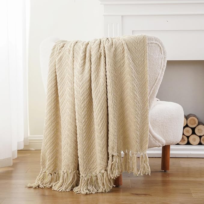 BATTILO HOME Beige Throw Blankets for Couch, Knitted Tan Throw Blanket for Twin Bed, Super Soft Warm Large Throws for Home Decor, 60" x 80"