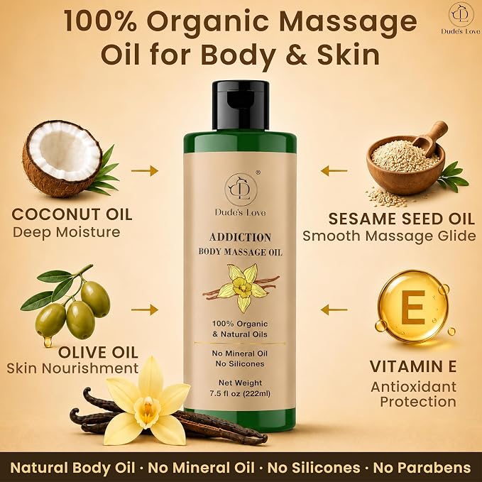 Addiction Body Massage Oil | Vanilla Scent | 100% Natural & Organic Oils | No Mineral Oil, No Silicones | Deep Nourishing Body Oil | 7.5 fl oz (222ml)