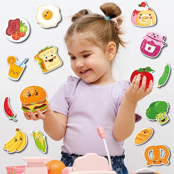Large Size Cute Fridge Magnets for Toddlers, Preschool Spelling Learning Education Refrigerador Magnetic Toy (Foods 48pcs)