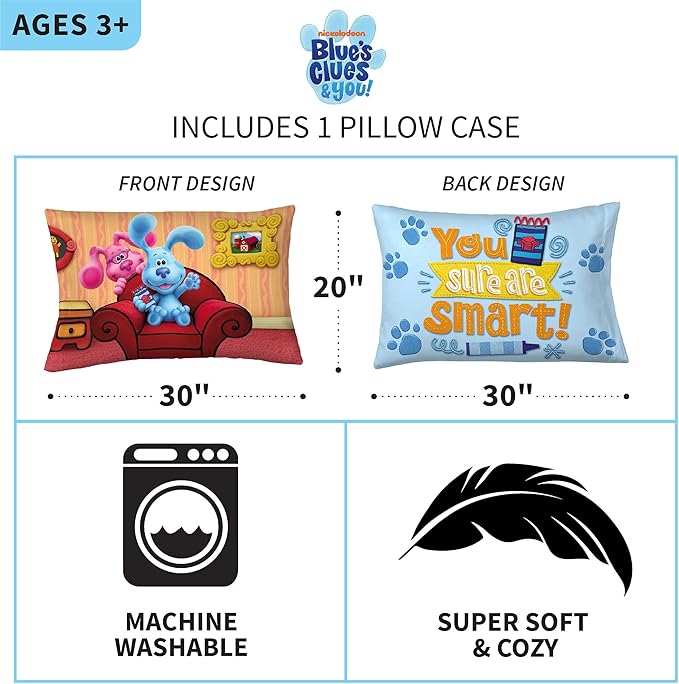 Franco Kids Bedding Super Soft Microfiber Reversible Pillowcase, 20 in x 30 in, Blues Clues