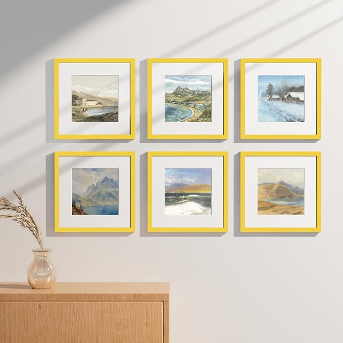 Vittanly 12x12 Picture Frames Set of 9 for Wall Mounting, Yellow | Display Pictures 8x8 with Mat or 12x12 without Mat for Wall Mounting, Square Photo Frames for Home Decor, Engineered Wood