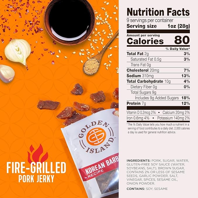 Golden Island Korean BBQ Pork Jerky - (4 Pack) 9 oz Resealable Bag - Fire-Grilled Specialty Meat Snack - Sweet & Savory Protein Snack - 7g Protein per Serving - Made with 100% All-Natural Pork