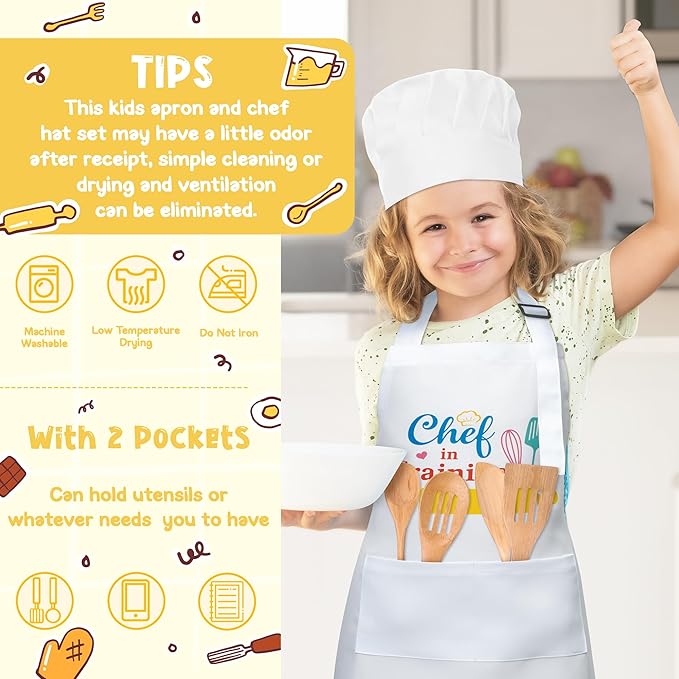 R HORSE Kid Apron and Chef Hat Set 2Pcs Adjustable Children White Kitchen Apron Dress up Role Play Chef Toy Kid Funny Cooking Gift Birthday Gift for Kids Cooking Baking Painting and Training