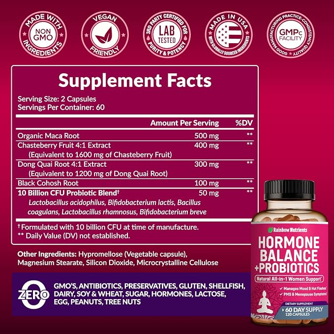 Hormone Balance + Probiotics for Women- Natural Menopause Relief, Weight Management, Bloating, Hot Flashes, PMS | Organic Maca, Chasteberry, Dong Quai & Black Cohosh | Non GMO |120 V Capsules | All Natural, NON GMO, Made in USA
