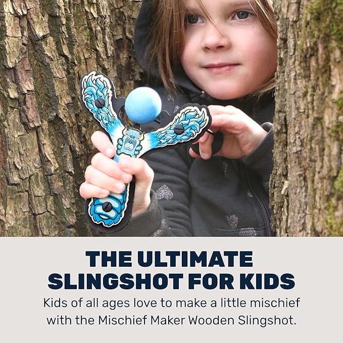 Mischief Maker® Wooden Slingshot - Lil’ Monster Series - Real Wood Slingshot for Kids, 4 Soft Foam Balls and Storage Bag - Ages 4+ (Blue)