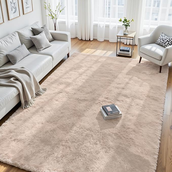 8x10 Area Rug for Living Room, Ultra Soft Fluffy Beige Rugs for Bedroom, Non Slip Large Shag Carpet, Fuzzy Plush Nursery Rug, Thick Washable Indoor Floor Carpets for Kids Office Dorm Home Decor