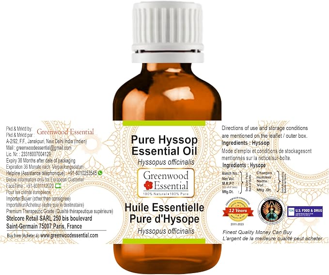 Greenwood Essential Pure Hyssop Essential Oil (Hyssopus officinalis) Steam Distilled (Pack of Three) 100ml X 3 (10.1oz)