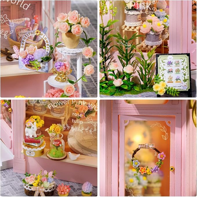 Foyucool DIY Miniature House Kit, Dollhouse Kit with LED Light, Mini House Building Kits for for Adult to Building, Christmas Home Decorations Gifts for Family and Friends, Pink World