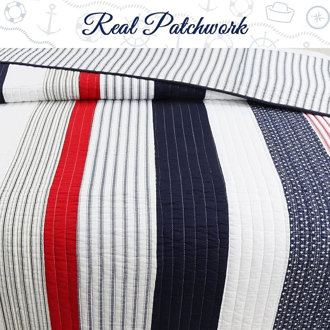 Cozy Line Home Fashions 100% Cotton Sailor Navy Blue Star Striped Reversible Bedding Quilt Set (Patriotic Stripe, Queen)