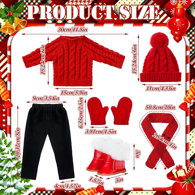 6 pcs Christmas 18 Inch Doll Clothes and Accessories Winter Outfits Set with Sweaters Trousers Hats Shoes Gloves Scarfs for 18 Inch Doll (Red)