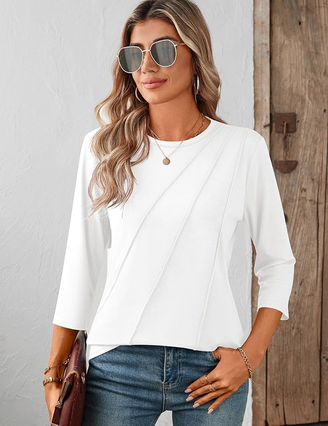 LOMON 3/4 Length Sleeve Womens Tops Spring Summer Fashion 2026 Tops Crew Neck Pleated Shirts Tunic Top Loose Fit