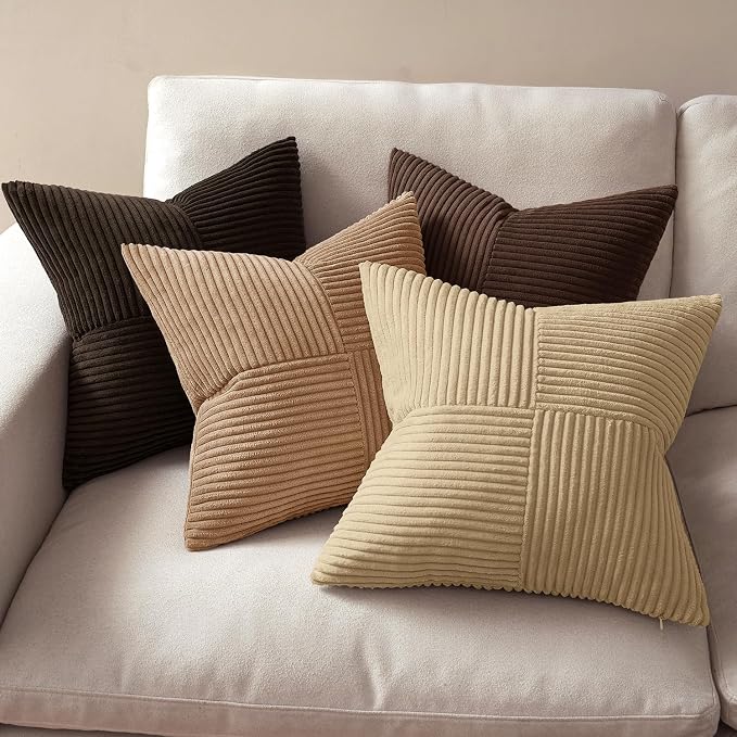 MIULEE Boho Decorative Throw Pillow Covers 20x20 Set of 4 Farmhouse Neutral Cushion Cases Gradient Corduroy Pillow Cases Modern Soft Corduroy Patchwork Home Decor for Couch Sofa Bedroom Dark Brown