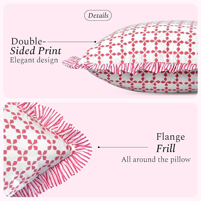 CPC Magenta Pink Hand Block Print 100% Cotton Ruffle Throw Pillow Cover 18x18 inch with Hidden Zipper Decorative for Couch, Bed, Sofa, Farmhouse, Cottagecore Decor Gift Christmas Fall Thanksgiving