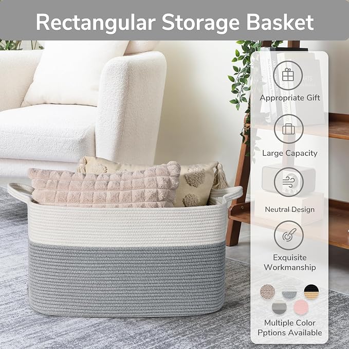 Goodpick Large Woven Rope Blanket Basket, Rectangle, White Gray | 21.6'' x 14.9'' x 11.8'' Storage Basket for Toys, Blankets & Clothes, Nursery & Bedroom Organization, Reinforced Handles