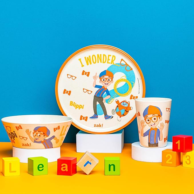Zak Designs Blippi Kids Dinnerware Set 3 Pieces, Durable and Sustainable Melamine Bamboo Plate, Bowl, and Tumbler are Perfect For Dinner Time With Family (Blippi, TABBS)