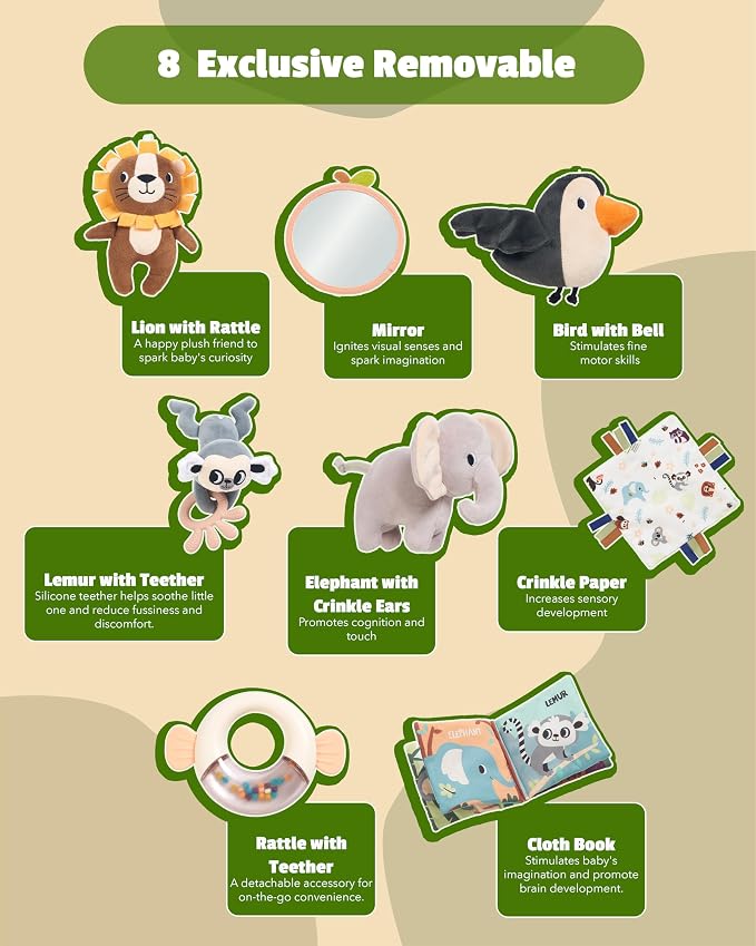 Baby Play Gym and Activity Mat for Newborn 0-6-12 Months | Extra Large Tummy Time Mat with 8 Removable Sensory Toys | Infant Play Mat for Boys & Girls | Jungle Safari Nursery Decor – 35" x 37"