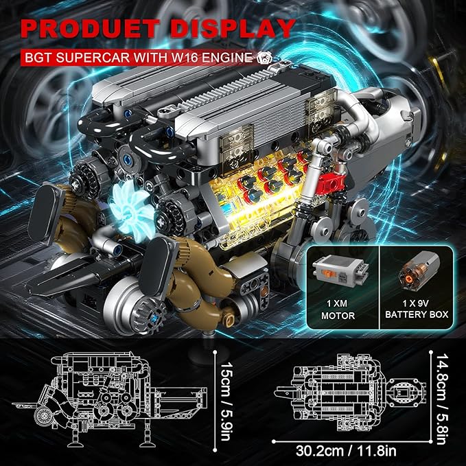 Sosuy W16 Motorized Model Engine Kit for Adult Men Teen, Electric Drive, Ultra-Realistic Working Replica, Home Set for Collection Fans, STEM Building Block Toy for Boy, Birthday Gift for 8+ Kid 952Pcs