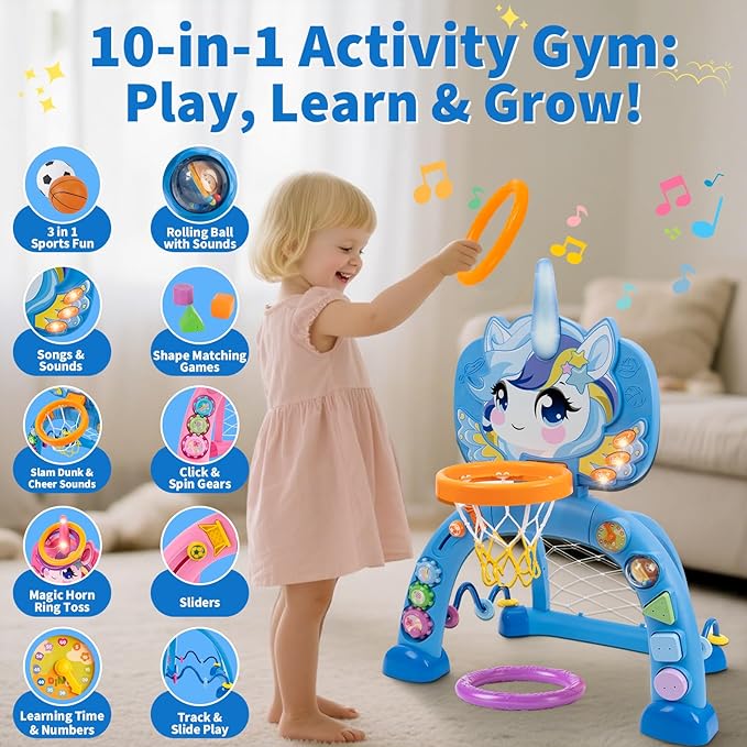 Unicorn Sports Play Set for Toddlers – Blue Basketball Hoop & Soccer Goal with Ring Toss | Indoor Outdoor Activity Center Toy for 1-3 Year Old Boys Girls | Birthday Gift Idea