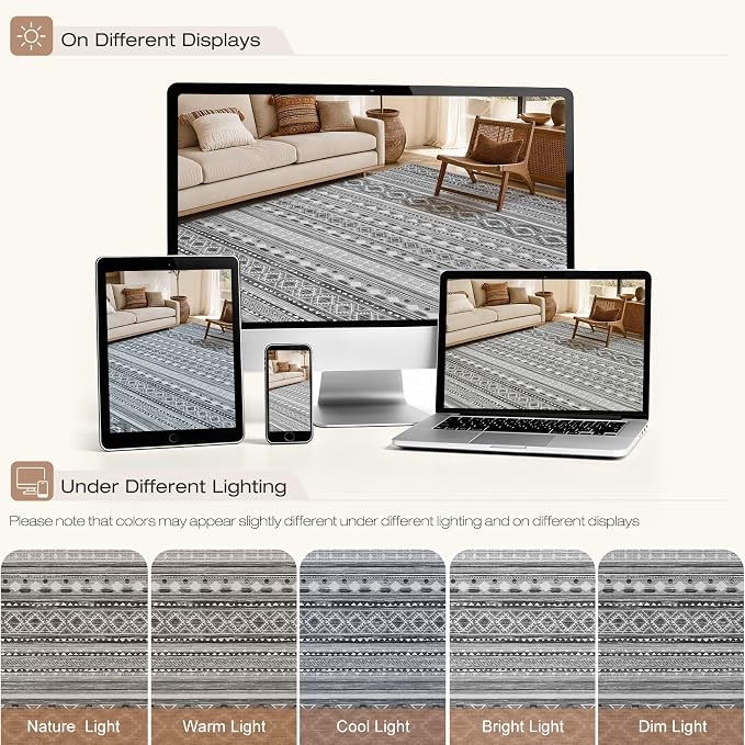 cotiled 8x10 Area Rugs Living Room Rug: Washable Boho Rugs with Non Slip Backing Large Soft Indoor Stain Resistant Carpet for Bedroom Farmhouse Dining Room Lightweight Home Decor Beige Grey