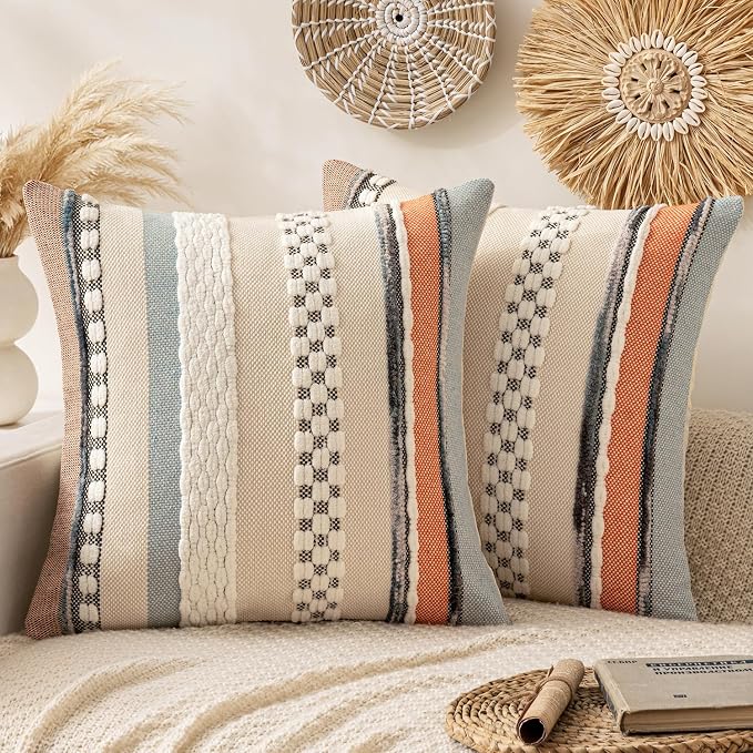 ANRODUO Boho Decorative Pillow Covers 20x20 Orange-Blue Stripe Pack of 2 | Throw Pillow Covers, Farmhouse Cushion Case, Chenille Pillow Cases, Pillow Covers, Accent Neutral Pillowcase for Sofa Couch