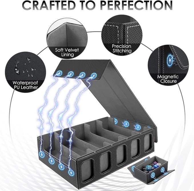 Trading Card Storage Box with Commander Display, 5-Row Deck Case with Removable Lid, 4000+ MTG Deck Box with 48 Colorful Divider, 5 Magnetic Card Holders, 5 Stoppers, Dice Tray(Black Grey)