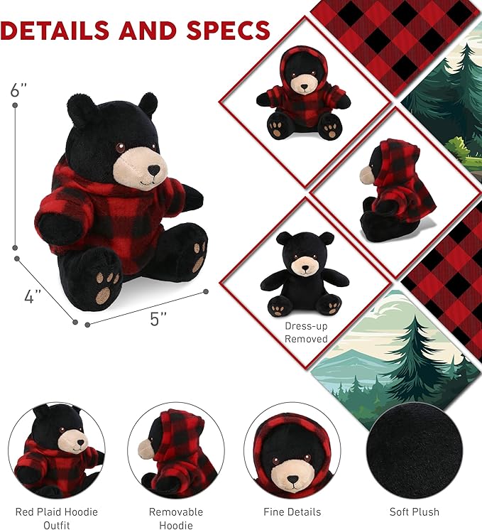 DolliBu Super Soft Black Bear Stuffed Animal with Plaid Red Hoodie Sweater and Personalization - Bear Plush Lumberjack Stuffed Toy with Plaid Jacket Dress Up for Christmas, Holiday, Winter - 6 Inches