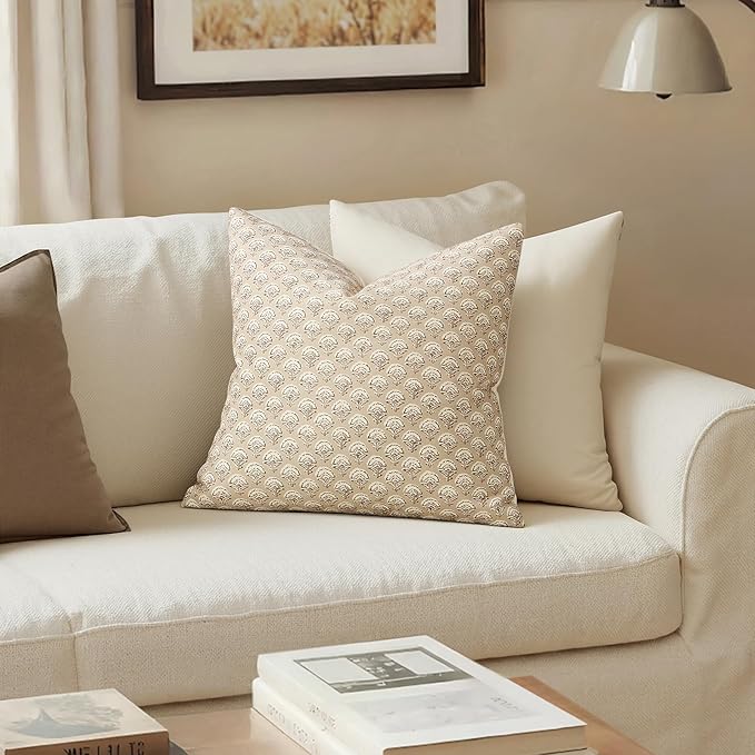 MIULEE Floral Print Decorative Euro Pillow Covers 22x22, Cream Oatmea | Vintage Boho Farmhouse Modern Home Decor, Set of 2, Block Print Cushion Covers for Couch Sofa Bed Living Room