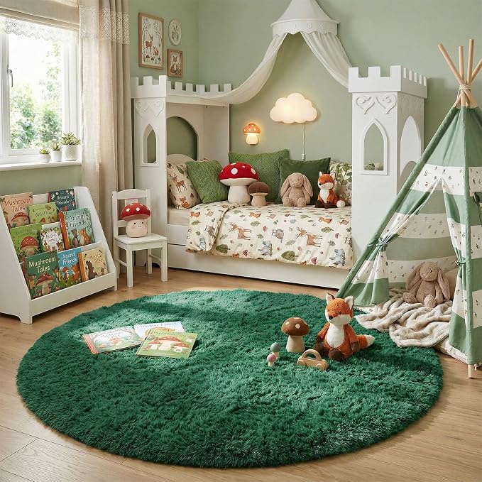 Amdrebio Dark Green Round Rug 4Ft for Bedroom, Fluffy Fuzzy Circle Area Rugs for Living Room Decor, Shaggy Emerald Green Rugs for Kids, Teen Boys, Baby Nursery, Furry Plush Floor Carpet for Classroom