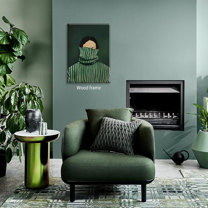 Emerald Green Feminine People Wall Art Retro Abstract Stripe Poster Funky Minimalist Eclectic Canvas Prints 12X16 inch Framed for Bedroom Apartment Dorm Wall Decor