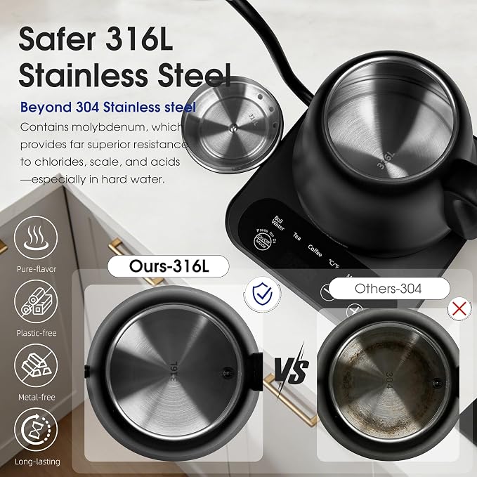Gooseneck Electric Kettle Temperature Control: ±1℉ Precision, 316L Stainless Steel Inner, Pour Over Kettle for Coffee & Tea, 1000W Quick Heating, Auto Shut-Off & Boil-Dry Protection, 0.8L/27oz