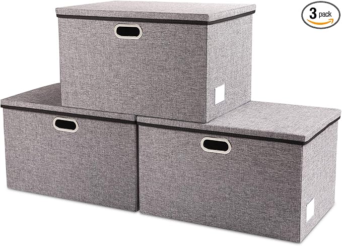 Extra Large Collapsible Storage Bins with Lids [3-Pack] Linen Fabric Foldable Storage Baskets Boxes Organizer Containers Cube with Cover for Bedroom Closet Office Nursery (22.8x15.75x13.8)