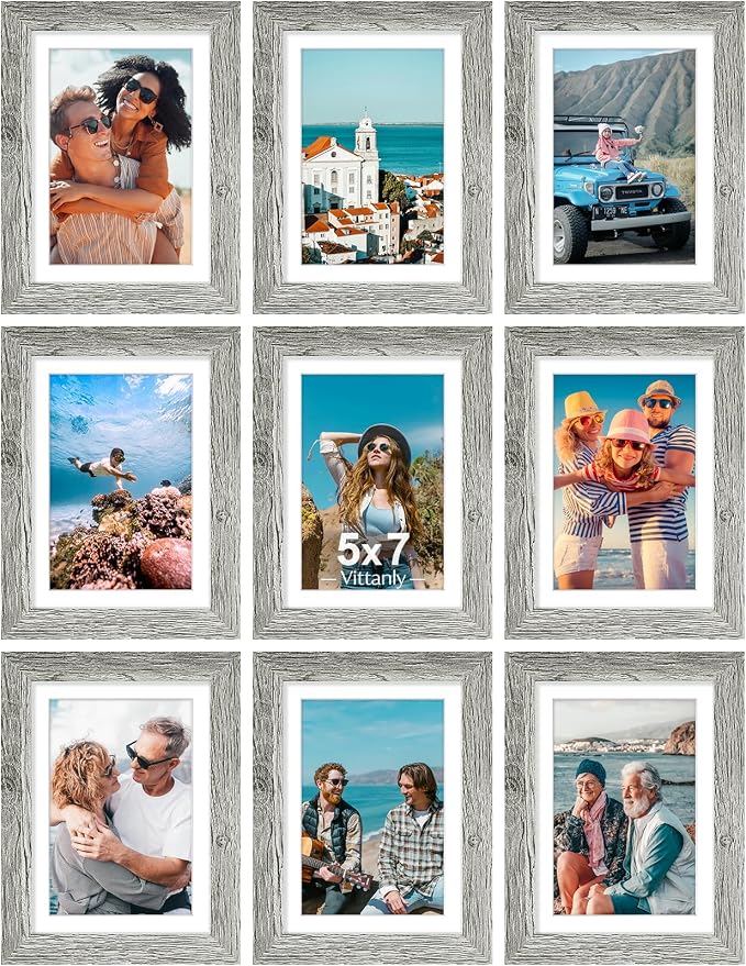 Vittanly 5x7 Picture Frames Set of 9 for Wall or Tabletop Display, Grey | Display Pictures 4x6 with Mat or 5x7 without Mat, Small Photo Frames, Engineered Wood with Shatter Resistant Plexiglass