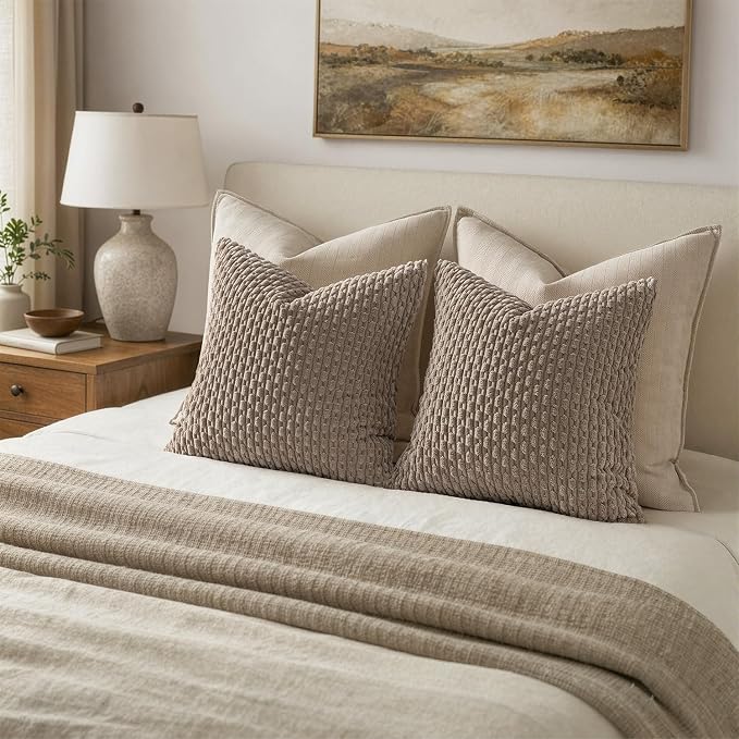 MIULEE Decorative Throw Pillow Covers 20x20 Neutral Brown Textured Corduroy | Pack of 2 Striped Pillow Covers Modern Farmhouse Fall Home Decor for Couch Bed Sofa Living Room