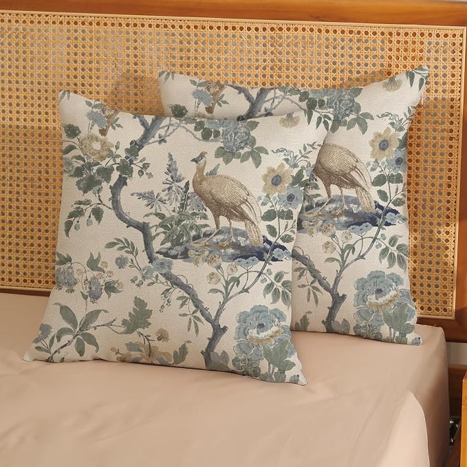 Chinoiserie Pillow Covers 18x18 Set of 2 Blue Bird Floral Throw Pillows Vintage Blue Green Flowers Decorations Outdoor Pillowcase Chinoiserie Decor Farmhouse Cushion Case for Couch Home