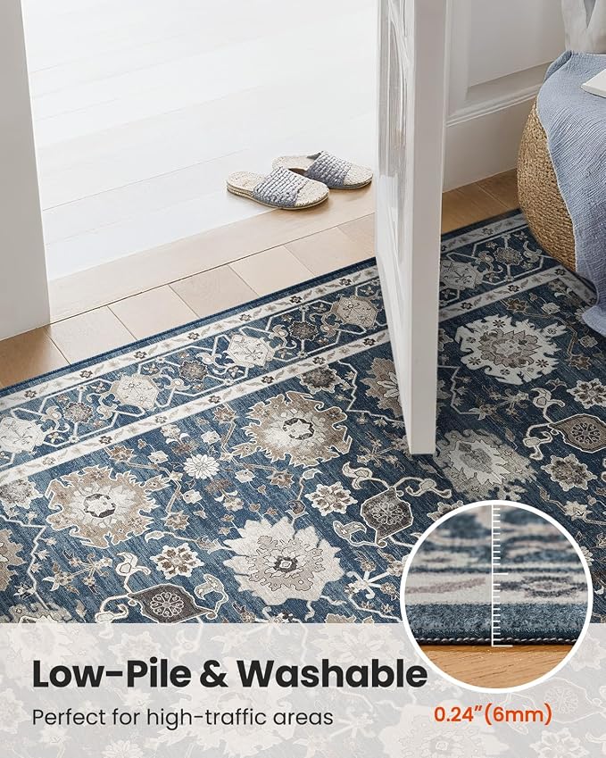 AMADA HOMEFURNISHING 9x12 Area Rug for Living Room, Vintage Washable Area Rug Low-Pile & Non-Slip Carpet for Bedroom Dining Room Nursery Home Office, Navy Blue/Brown