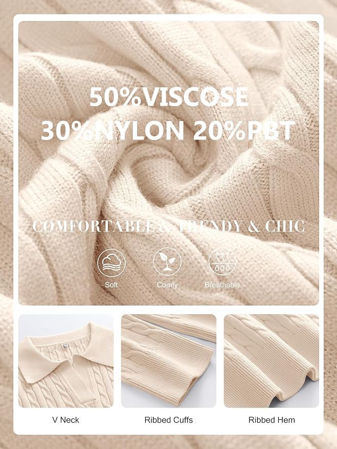 ANRABESS Womens Cable Knit Sweaters Long Sleeve V Neck | Pullover Collared Sweater Tops, Polo Knit Shirts, Business Casual Work, Tennis Golf, Fall Winter Fashion Outfits