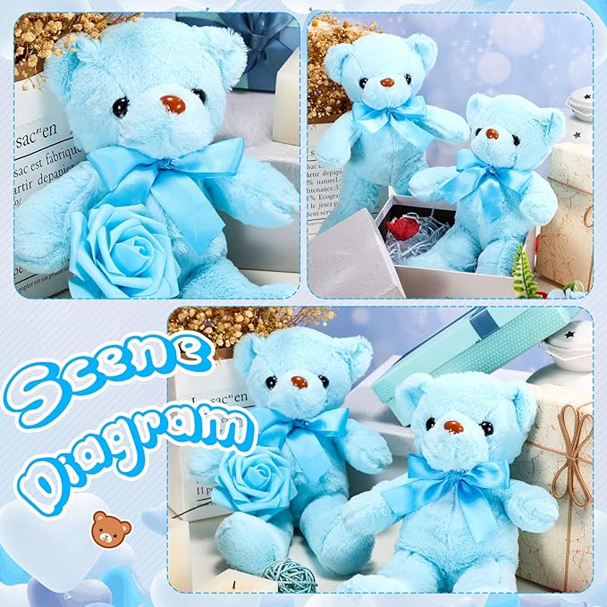 Aoriher 6 Pcs Bear Stuffed Animal Bulk Baby Shower Bear Plush Toys Soft Cute Sleeping and Playing Decorations for Kids Back to School Gift Baby Shower Birthday Party Favor(Blue)