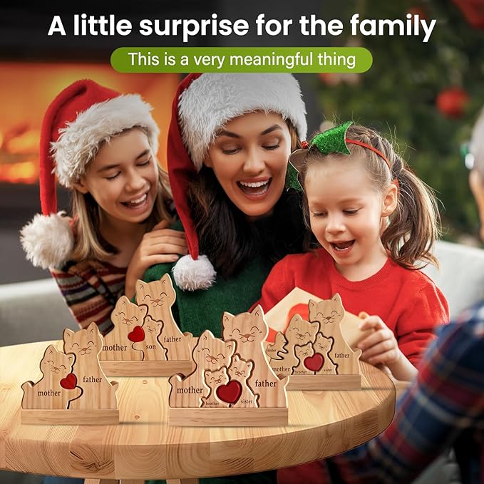 Personalized Wooden Cat Family Puzzle with 2-5 Names - Custom Kittens Art Figurine with Red Heart - Cute Animal Statue Gift for Cat Lover Mom Grandma Birthday Christmas Housewarming Decor