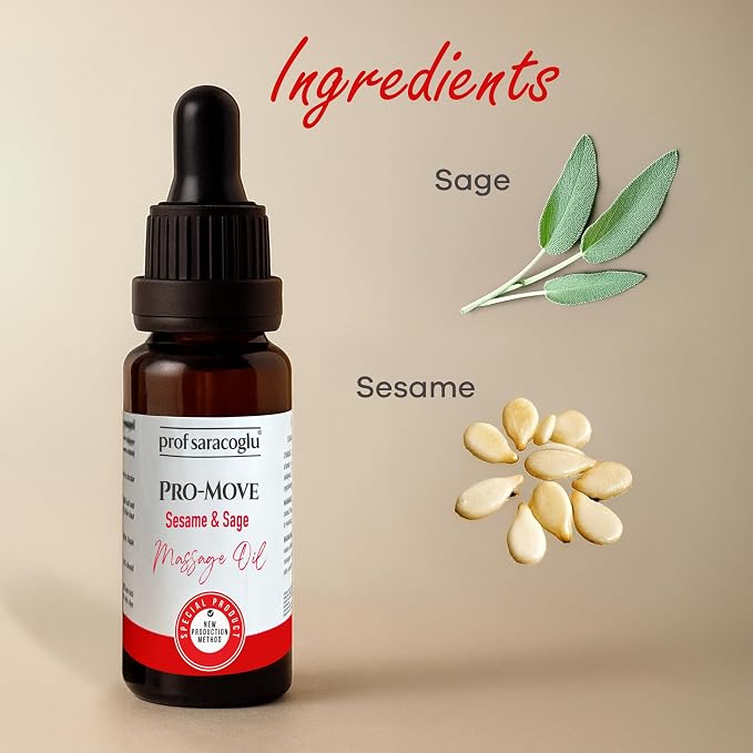 Prof Saracoglu Pro-Move Aromatic Massage Oil with Sesame & Sage – Fast-Absorbing Herbal Oil for Neck, Shoulder, and Muscle Tension Relief, Body Massage & Aromatherapy, 1.01 fl oz