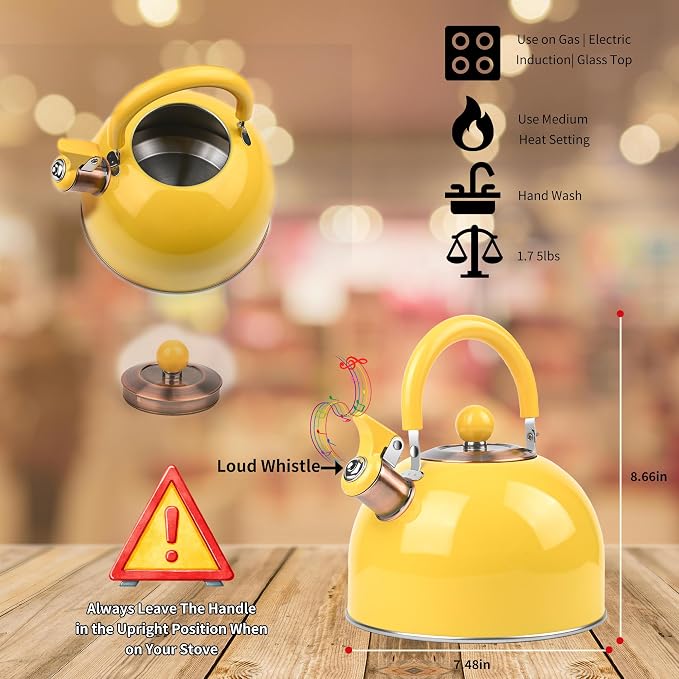 2.6 Quart Yellow Whistling Tea Kettle, tea pot, Stainless Steel, Cool-Touch Handle, Loud Whistle, 7.48-inch Base, Induction Compatible