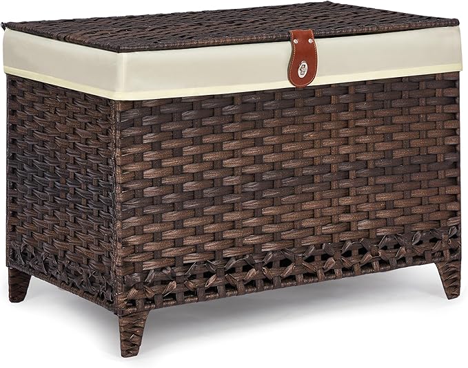 Wicker Storage Basket with Lid, 105L Shelf Basket with Removable Liner Bag | Rattan-Inspired Woven Design, Elevated Feet, Storage Trunk for Wardrobe, Bedroom & Home Organization
