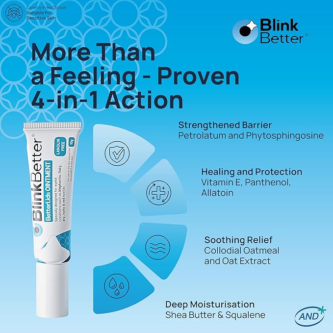 BlinkBetter Lanolin Free Eyelid Ointment 10g – For Sensitive & Dry Eyelids - Hydrates, Nourishes & Soothes – Moisturising Care for Dry, Itchy, Red, Sensitive, Flaky Skin Around the Eyes