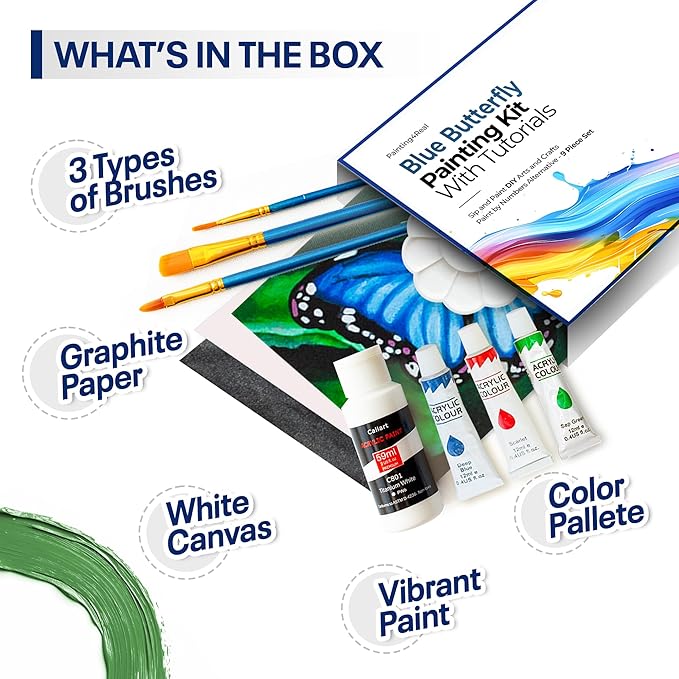 DIY Painting Class Kit for Adults with Video Tutorials: Learn to Paint Blue Butterfly – How to Paint with Acrylics – Ideal Mothers Day Gift – 9 Piece Acrylic Paint Set