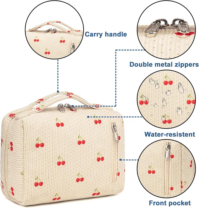 Bluboon Makeup Bag Zipper Pouch Travel Portable Cosmetic Bag Organizer for Women and Girls(Cherry Corduroy beige)