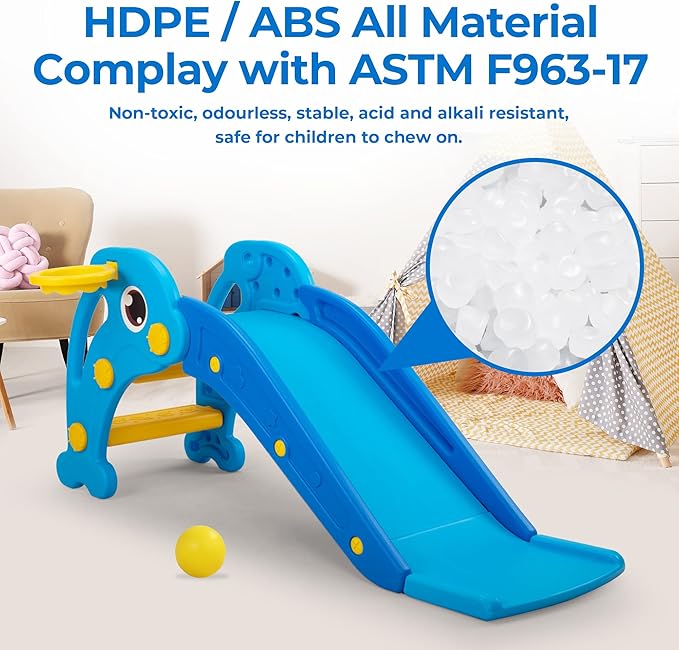 NYEEKOY 3 in 1 Toddler Slide, Baby Slide Plastic Climber Playset with Basketball Hoop and Ball, Indoor and Outdoor Playground for Kids